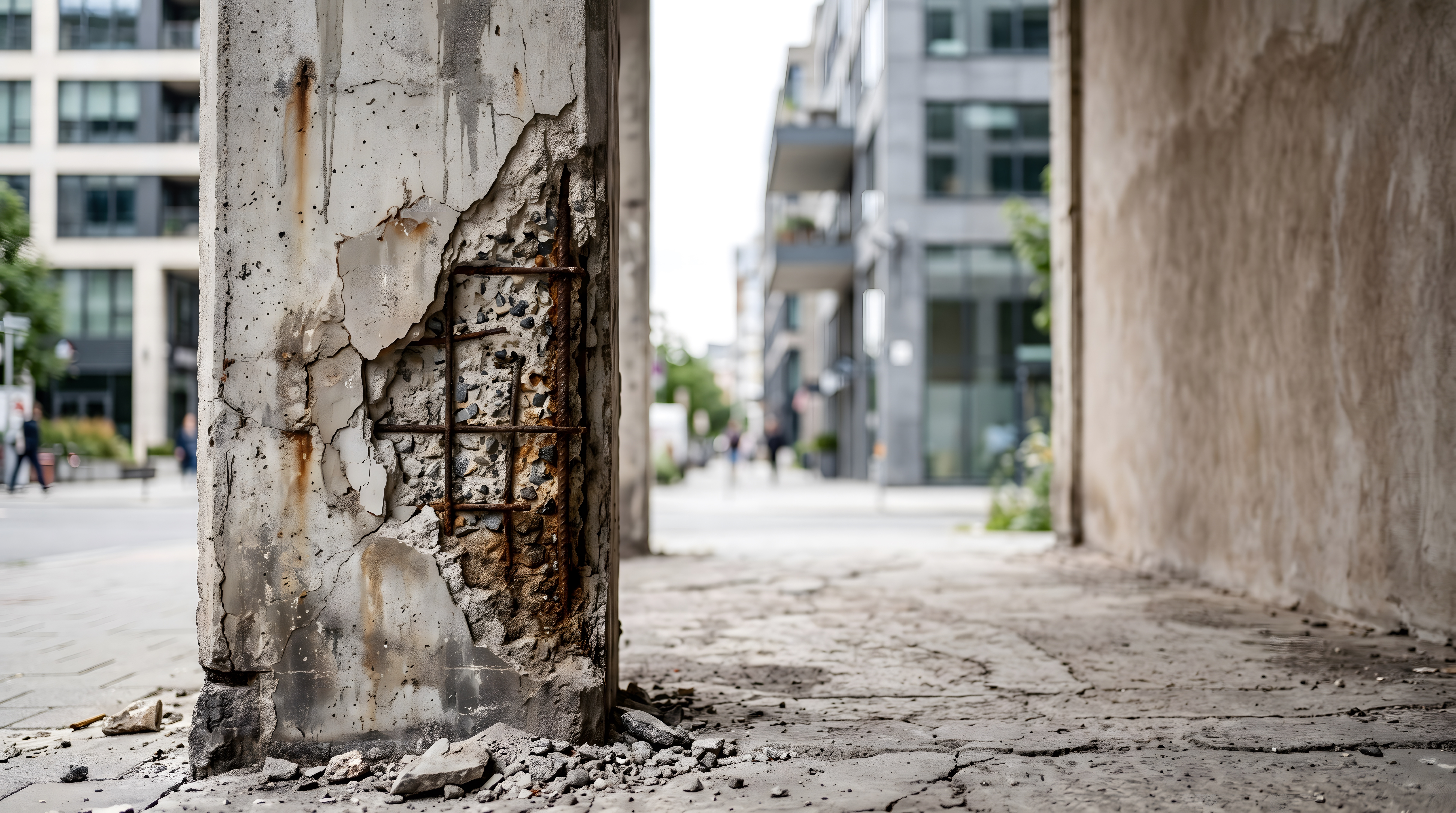 Concrete Spalling with Exposed Rebar on Deteriorated Structural Column