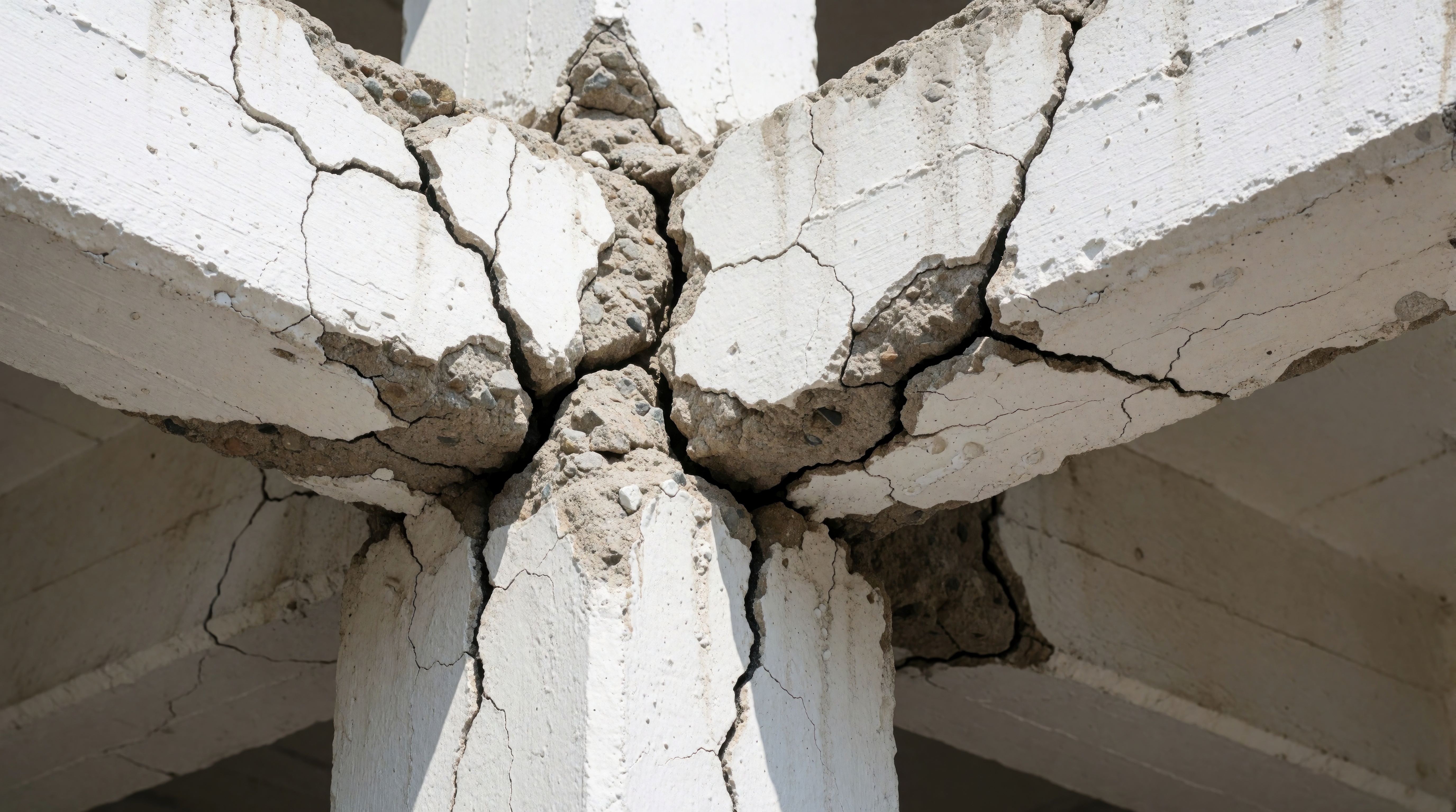 Damaged concrete column and beam junction shows significant structural cracks and spalling concrete. Building integrity is compromised indicating failure risk and need for urgent repair assessment.