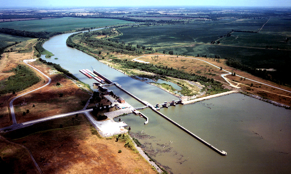 Aerial view of lock and dam